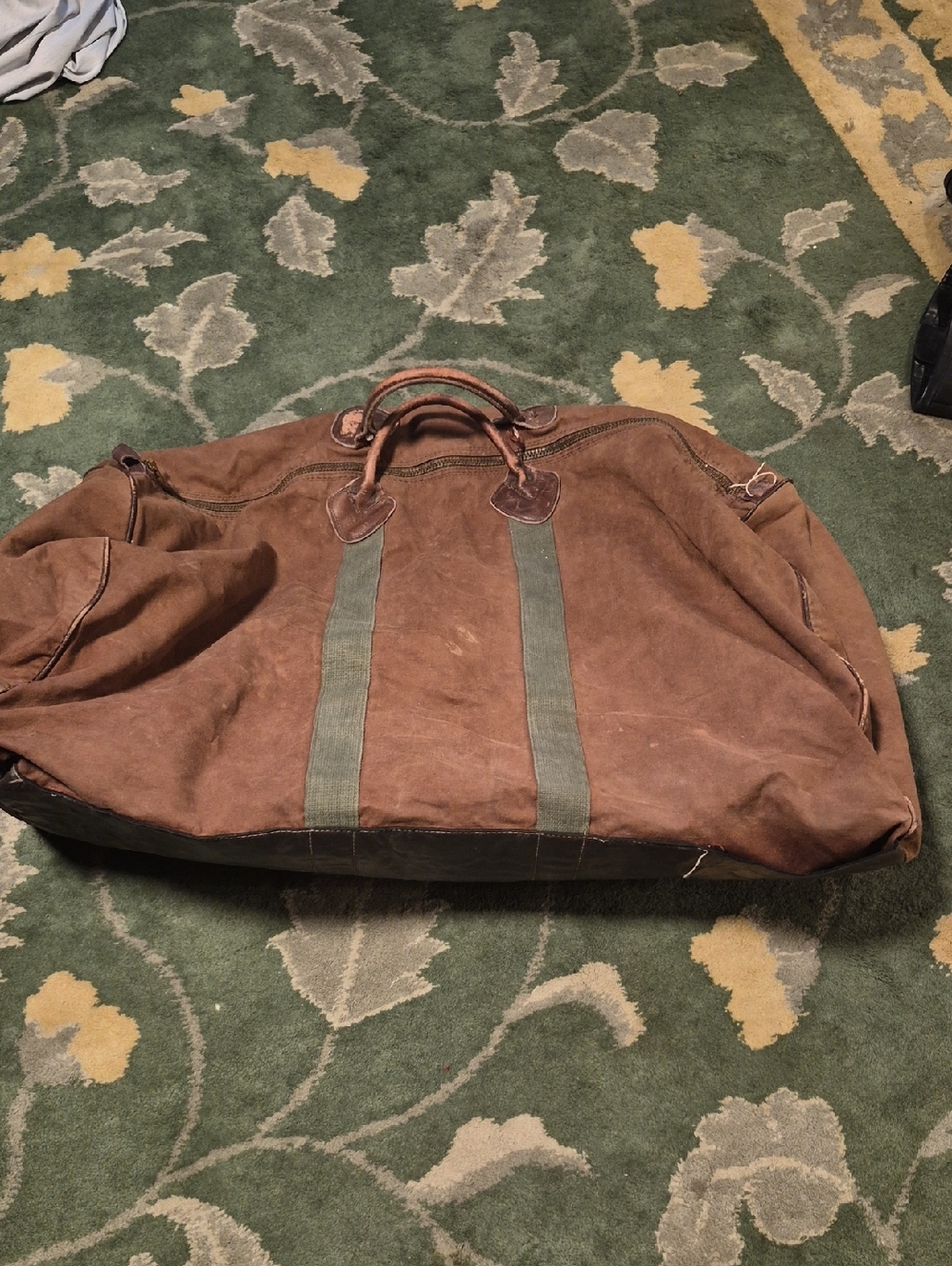 L.L. Bean Brown Canvas Duffel with Green Straps